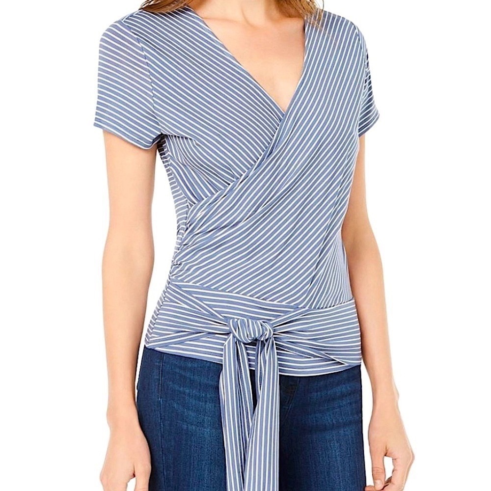 NWT VINCE CAMUTO Romance Blue White stripes short sleeve wrap top blouse XS